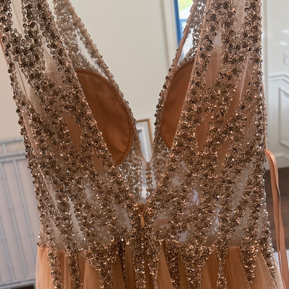 JOVANI Embellished V-Neck Tulle Evening Dress in Nude and Silver - Picture 7 of 8
